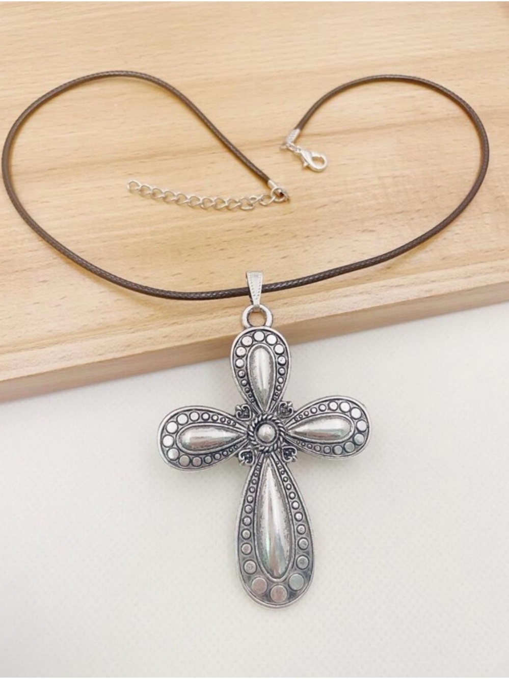 Silver Cross Pendant Necklace with Black Cord